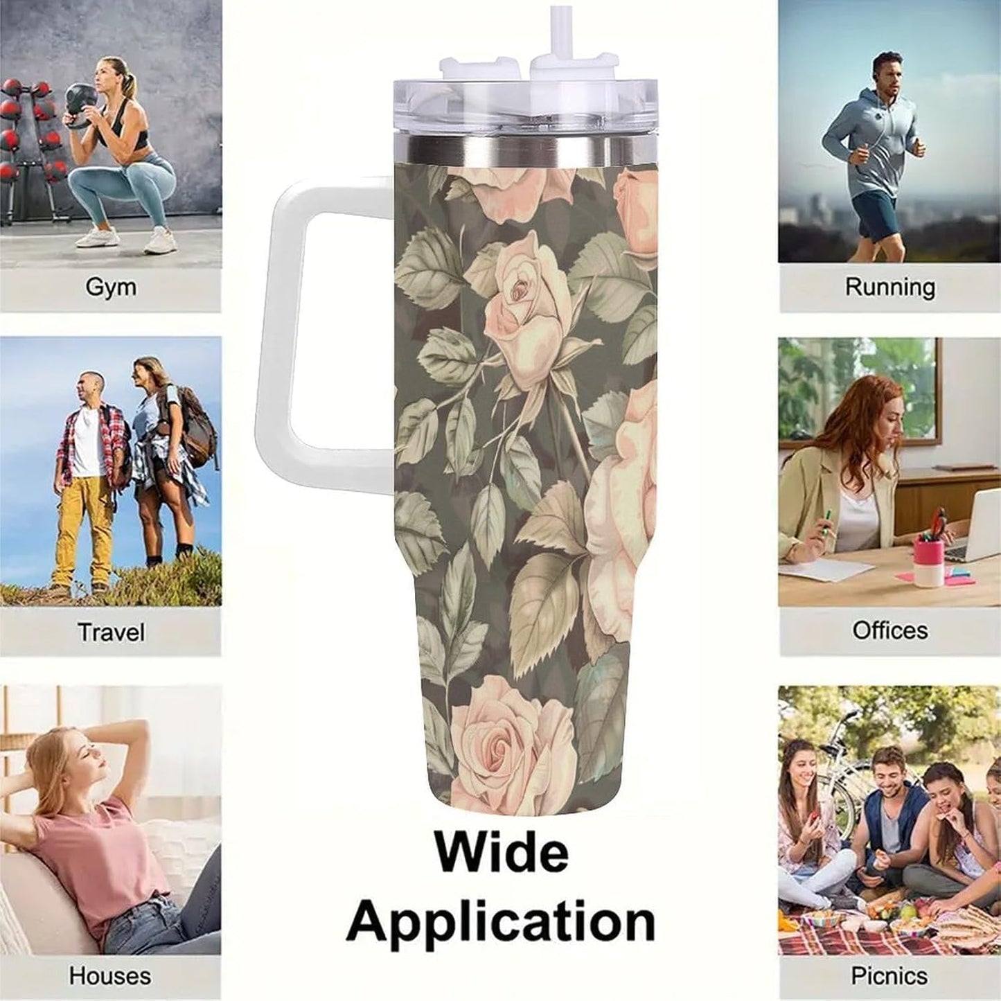 40oz Tumbler with Handle, Peach Roses Green Leaves Pattern Printed Stainless Steel Travel Mug, Insulated Car Cup with Straw, Keeps Drinks Hot & Cold, Personalized Gift for Women & Men