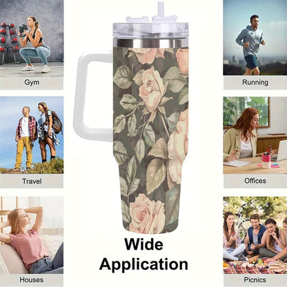 40oz Tumbler with Handle, Peach Roses Green Leaves Pattern Printed Stainless Steel Travel Mug, Insulated Car Cup with Straw, Keeps Drinks Hot & Cold, Personalized Gift for Women & Men