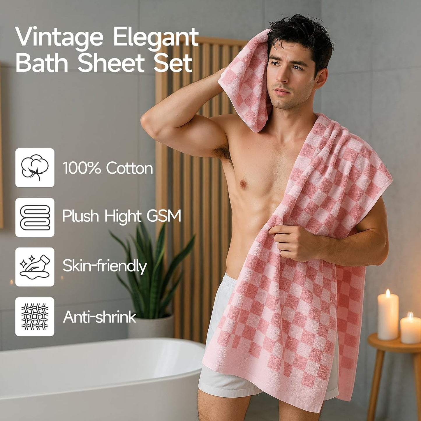 REDKISS 2 Piece Pink Checkered Bath Towels Set - 27”x55” Highly Absorbent 600GSM Pink Cotton Towels for Bathroom Decoration, Retro Checkered Design