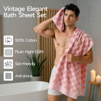 REDKISS 2 Piece Pink Checkered Bath Towels Set - 27”x55” Highly Absorbent 600GSM Pink Cotton Towels for Bathroom Decoration, Retro Checkered Design