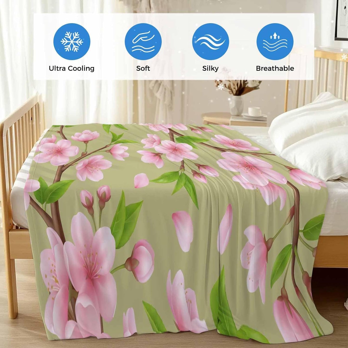 Cooling Blanket for Hot Sleepers, Pink Peach Flowers Lightweight Breathable Summer Blanket, Spring Botanical Watercolor Floral Green Double-Side Cool Throw Blankets for Sleeping Travel, 30"x40"