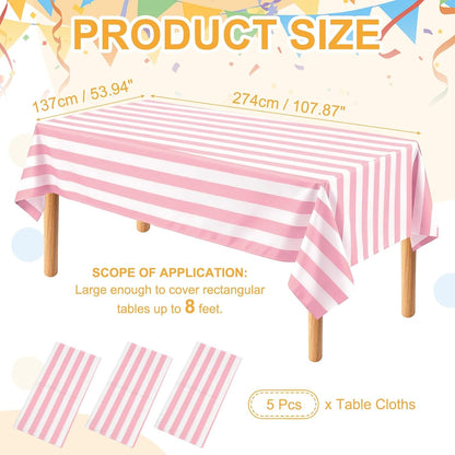 uxcell 5Packs Pink and White Striped Table Cloths 54 x 108 Inches Rectangle Plastic Tablecloth Waterproof Table Cover for Dining Birthday Party Kitchens Picnic