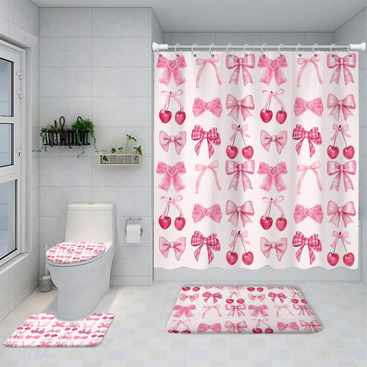 4PCS Pink Bow Shower Curtains Set, with Non-Slip Rugs, Toilet Lid Cover and Bath Mat, Watercolor Aesthetic Cute Cherry Fruit Fabric Shower Curtain for Bathroom Decor, Waterproof 12 Hooks 72X72