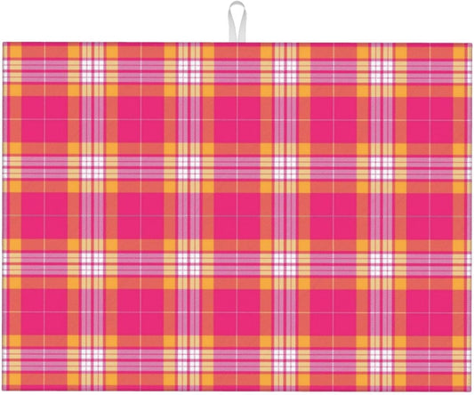 Dish Drying Mat Kitchen Counter Absorbent Pink And Orange Tartan Plaid Coffee Sink Mat Dish Drainer Pad 18 Inch X 24 Inch