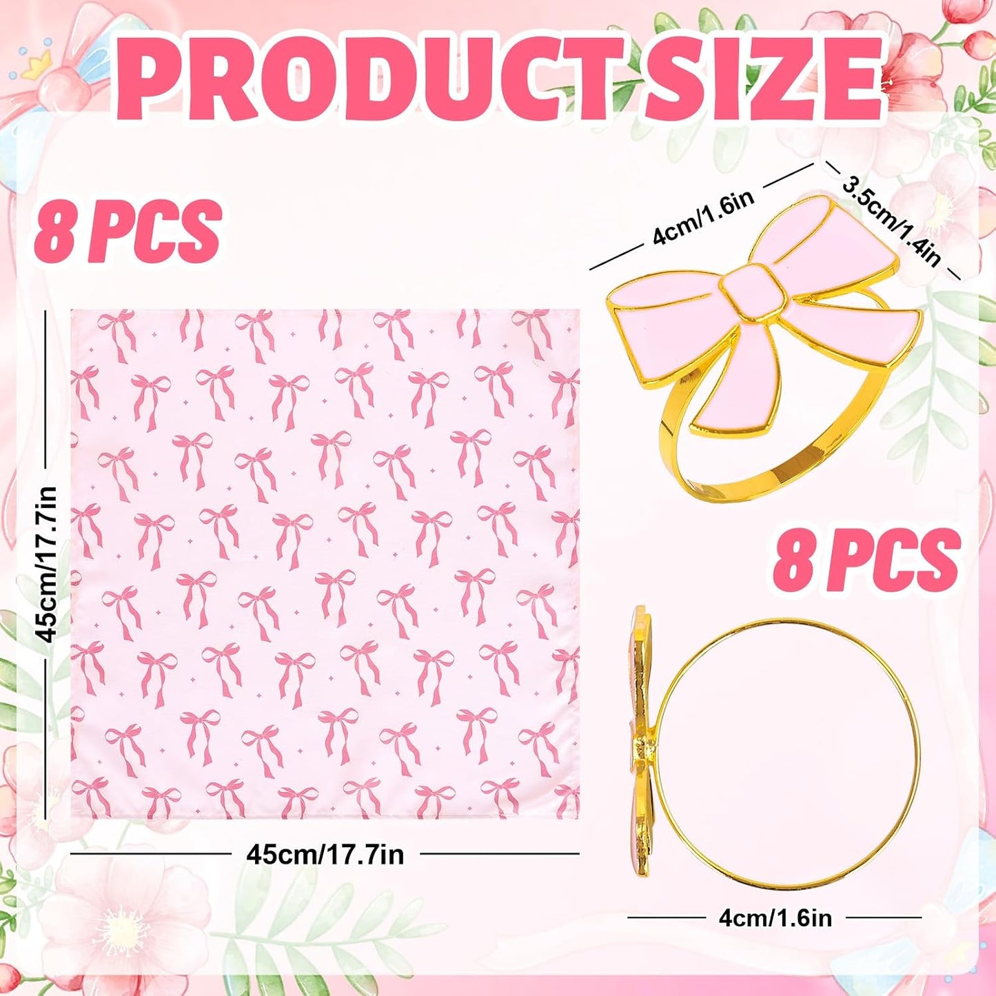 FYSUIMU 16 Pcs Pink Bow Napkins and Napkin Ring Set Coquette Bow Cloth Napkins and Bowknot Metal Ring Holders for Birthday Baby Shower Bachelorette Valentine's Day Party Table Decoration