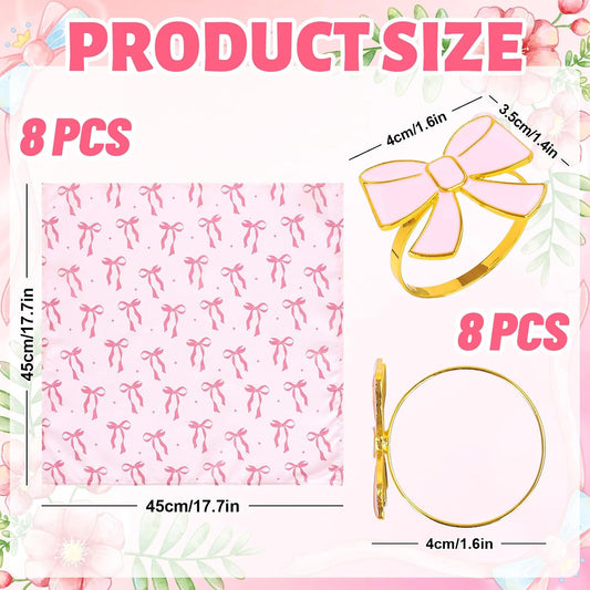 FYSUIMU 16 Pcs Pink Bow Napkins and Napkin Ring Set Coquette Bow Cloth Napkins and Bowknot Metal Ring Holders for Birthday Baby Shower Bachelorette Valentine's Day Party Table Decoration