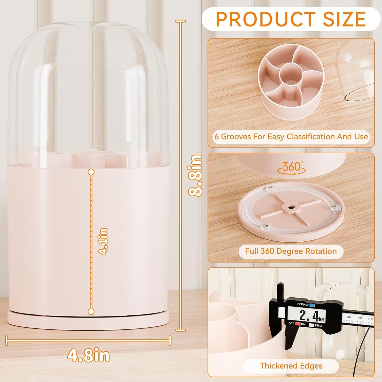 Yieach Rotating Acrylic Makeup Brush Holder with Lid for Vanity,Bathroom,Countertop,Covered Makeup Brushes Organizer,Round Spinning Cosmetic Brushes Holder and Make up Brush Storage with Cover,Pink