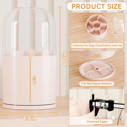 Yieach Rotating Acrylic Makeup Brush Holder with Lid for Vanity,Bathroom,Countertop,Covered Makeup Brushes Organizer,Round Spinning Cosmetic Brushes Holder and Make up Brush Storage with Cover,Pink
