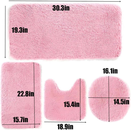 4 Piece Non Slip, Toilet Lid Cover and Contour Mat, Bath Mats Shower Mats Bath Rug Mat for Tub Toilet Bathroom (Pink)