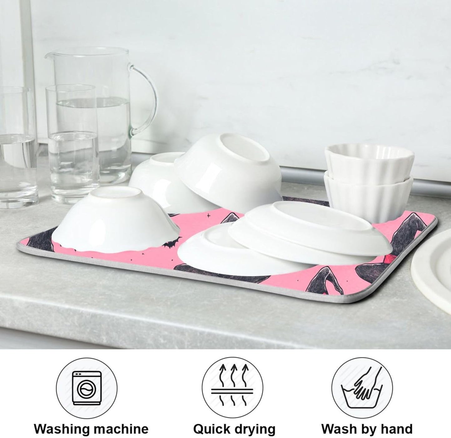 Witch Bow Hot Pink Dish Drying Mat for Kitchen Countertop 16x18 Halloween Bowknot Bat Small Drying Mat Reusable Quick Dry Dish Sink Mats Easy Clean Decorative Essentials