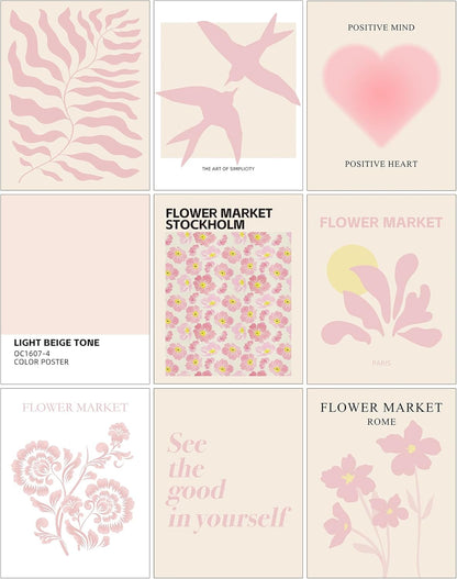ZYLORI 9 Pcs Pink Preppy Room Decor - 8x10 Unframed Aesthetic Abstract Flower Posters, Pastel Gallery Wall Art, Chic Boho Prints for Teen Girls Bedroom, College Dorm Essentials