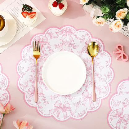 FYSUIMU 60Pcs Pink Floral Bow Scalloped Paper Placemats 13.5 Inch Vintage Flower Bow Disposable Place Mats Chinoiserie Table Mats for Coquette Party Dinner Table Setting