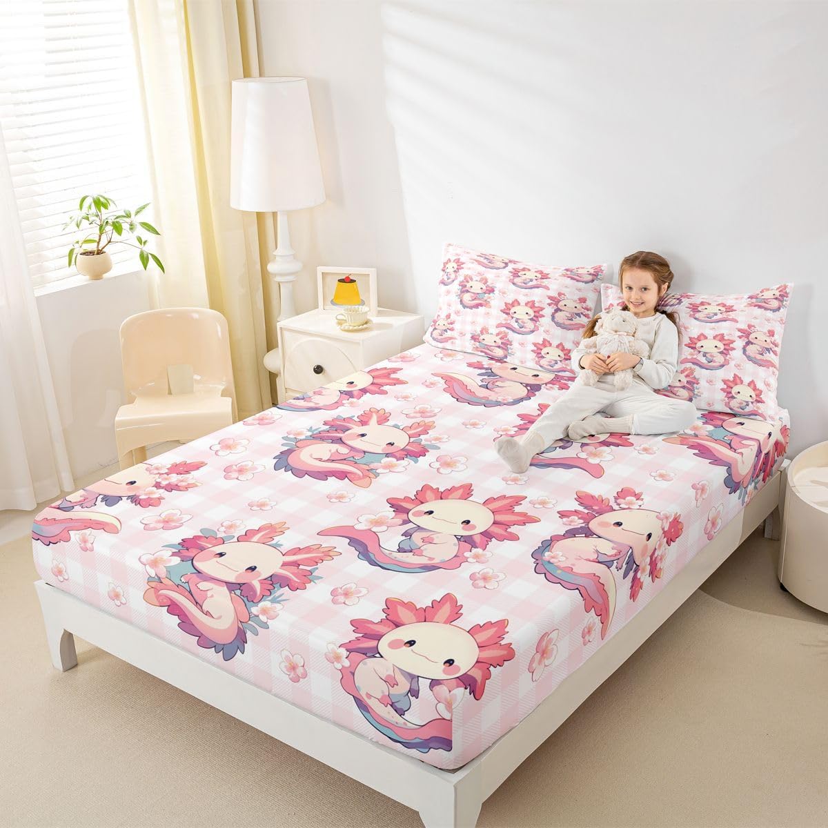 Erosebridal Kawaii Pink Axolotl Fitted Sheet Full Size Cartoon Peach Blossoms Bed Sheets Flower Salamander Bedding Set for Kids Boys Girls Women Lovely Animal Sheets