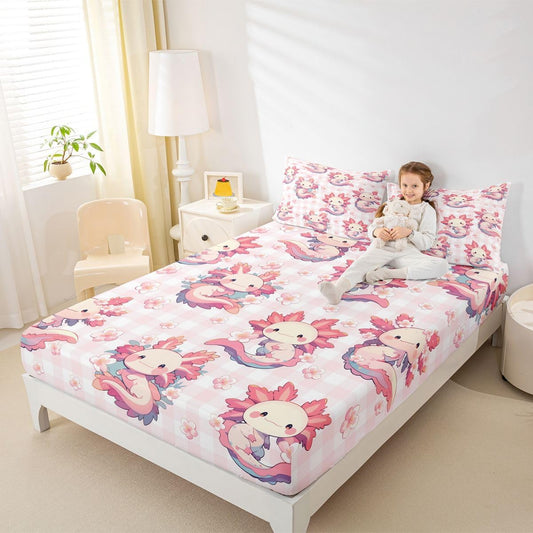 Erosebridal Kawaii Pink Axolotl Fitted Sheet Full Size Cartoon Peach Blossoms Bed Sheets Flower Salamander Bedding Set for Kids Boys Girls Women Lovely Animal Sheets