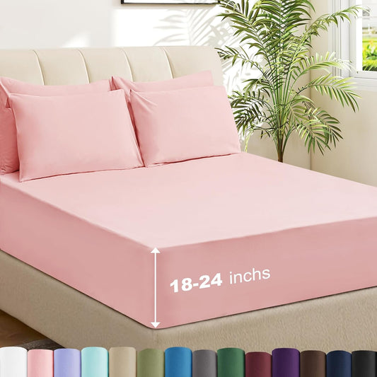 6 Piece Queen Sheet Set – Breathable & Cooling Bedding Set with 18-24 Inch Deep Pockets - 1 Flat & 1 Fitted Sheet & 4 Pillowcases（Queen Baby Pink