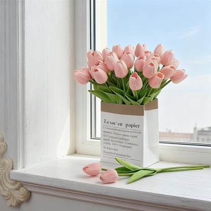 Pink Faux Tulips Real Touch (20 Pcs) - 13.5 Inch Premium PU Artificial Flowers for Mother's Day, Spring & Easter Home Decor, Wedding Bouquet