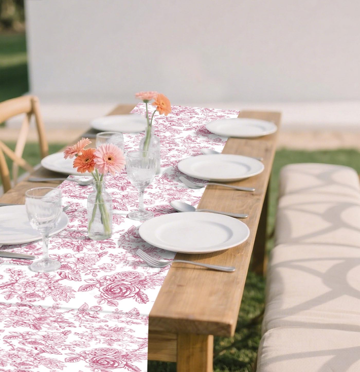6 PCS Pink Floral Table Runner 14 x 108 Plastic Flower Table Runner for Party Birthday Baby Shower Bridal Shower Wedding Disposable Table Runners
