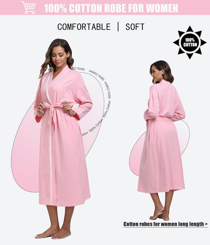 ANLIQI 100% Cotton Robe for Women Long Sleeve Knit Kimono Soft Lightweight Bathrobe Ladies Loungewear with Pockets S-2XL