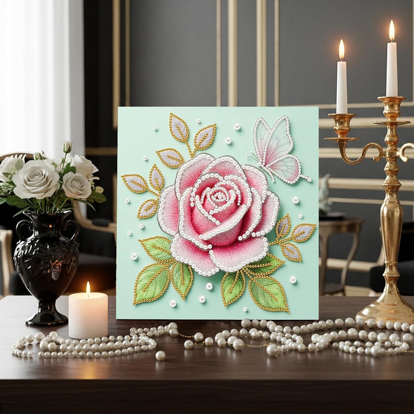 FRANDEK Pink Roses DIY Pearl Painting Kit, Framed 3D Textured Handmade 10x10in, Sparkling Gem Art Decor for Living Room, Study, Relaxing Creative Project, Gift for Friends & Beginners