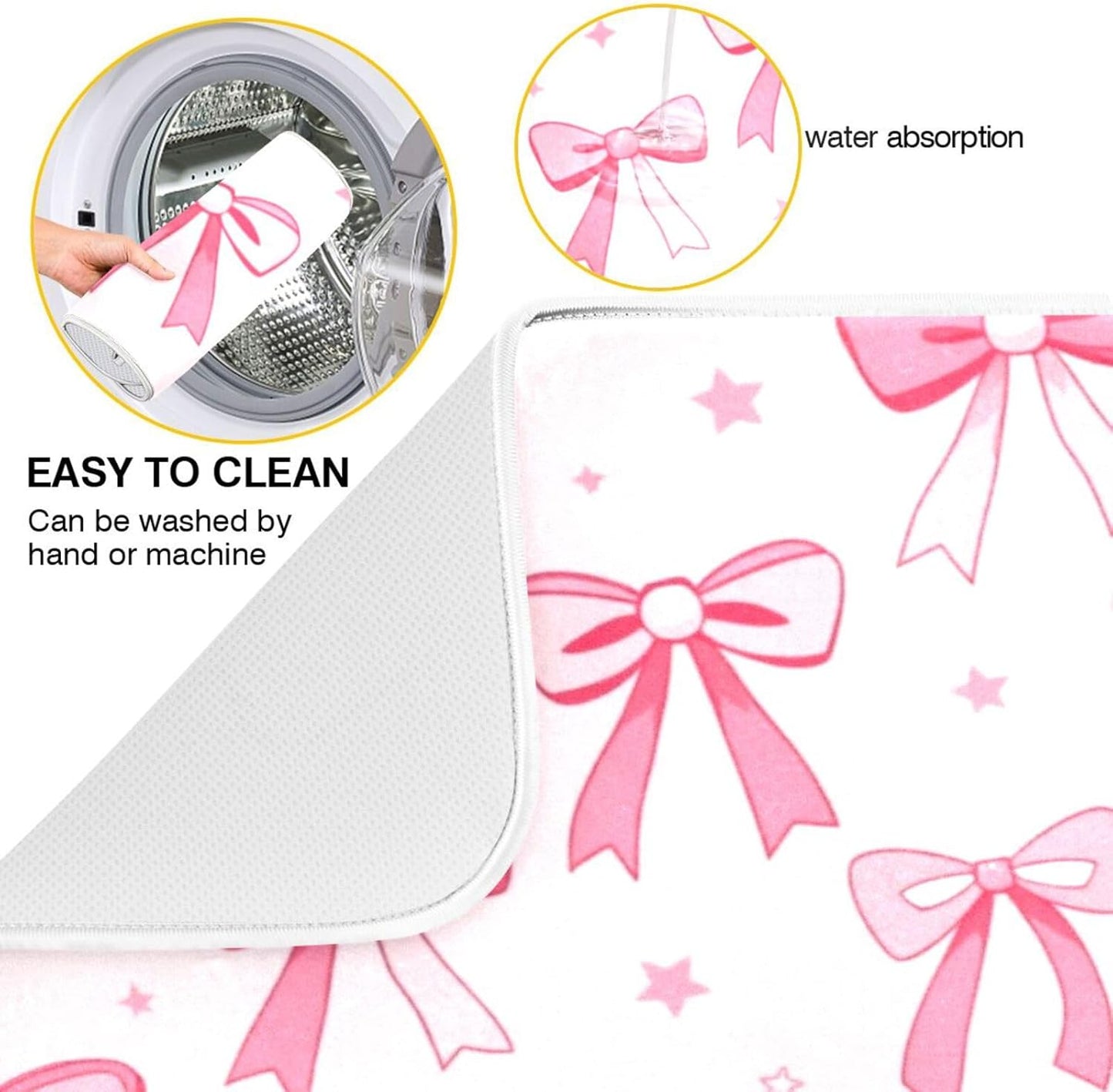 Kcldeci Pink Bows Heart Dish Drying Mat Kitchen Counter Mat Draining Mat Kitchen Accessories Dish Rack Pad for Dishes, Utensils, Countertops, Sinks 18x24in
