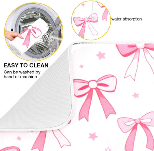 Kcldeci Pink Bows Heart Dish Drying Mat Kitchen Counter Mat Draining Mat Kitchen Accessories Dish Rack Pad for Dishes, Utensils, Countertops, Sinks 18x24in