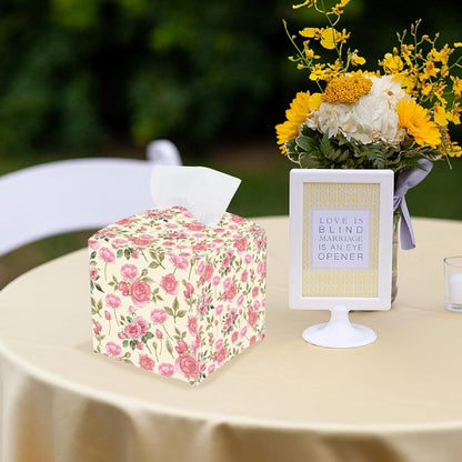 Pink Floral Tissue Box Cover Square Leather Flower Tissue Box Holder Rose Leaves Waterproof Facial Paper Organizer Dispenser for Bathroom Bedroom Kitchen Vanity Home Car Desk Countertop