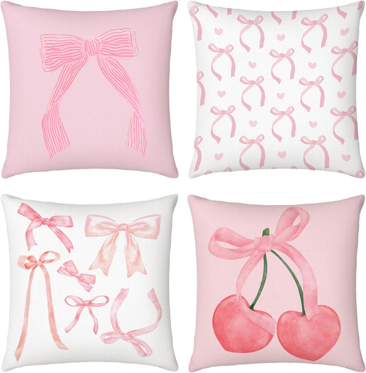 Mixweer 4 Pcs 18 x 18'' Coquette Pillow Covers Pink Bow Pillow Covers Watercolor Aesthetic Room Decoration for Bedroom Livingroom Bedroom Decor