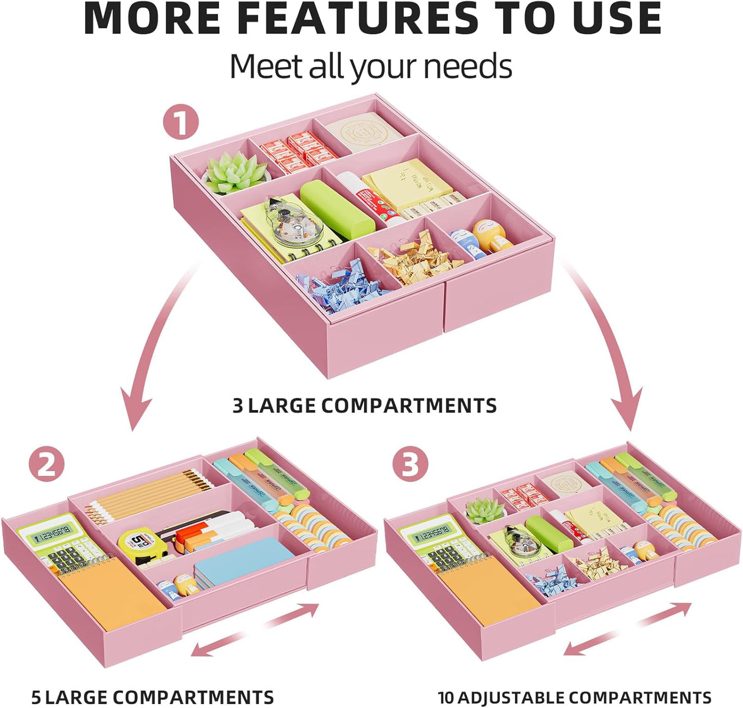 Marbrasse Expandable Desk Drawer Organizer, Clear Plastic Drawer Organizer Tray with 10 Adjustable Compartments, Desk Organizers and Accessories, 5 Drawer Dividers for Office Supplies, Makeup (Pink)