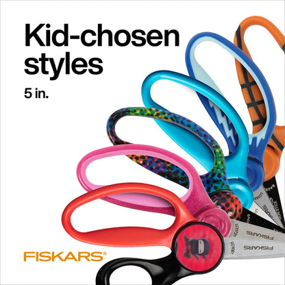 Fiskars 5" SoftGrip Blunt-Tip Scissors for Kids Ages 4-7 (3-Pack), Scissors for School or Crafting, Back to School Supplies, Blue, Purple, and Pink Designs