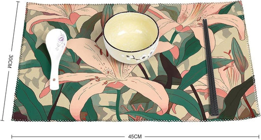 Peach Floral Pattern Placemats Set of 4 - Non-Slip Heat Resistant Place Mats Farmhouse Rustic Table Mats Reusable Hard Canvas Placemat for Dining, Kitchen, Party Indoor/Outdoor Decoration