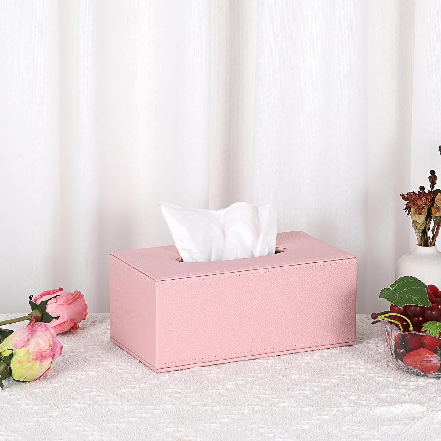 Sumnacon Tissue Box Cover Rectangle Tissue Box Stylish PU Tissue Box Holder with Magnetic Bottom, Decorative Leather Tissue Holders for Living Room Bathroom Home Office, Pink, Small