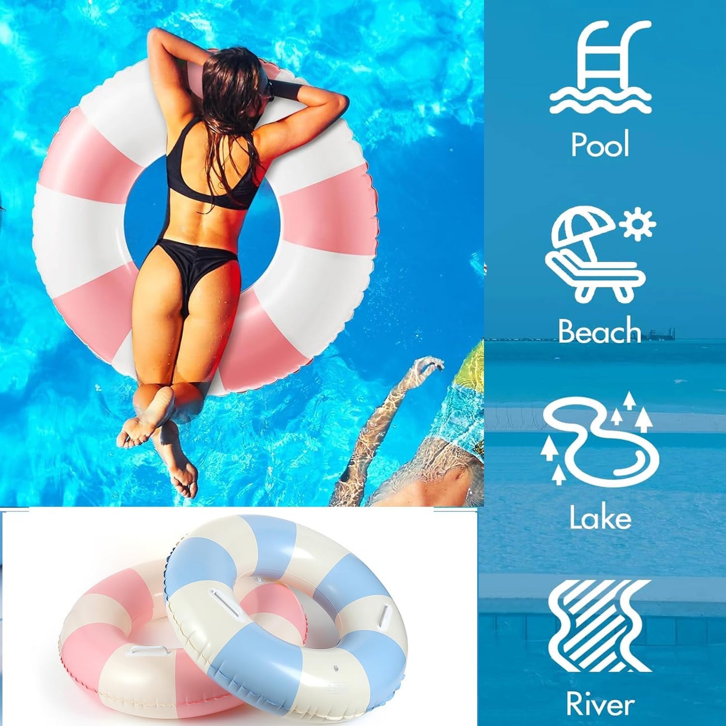 Inflatable Pool Floats for Adults- 2 Pack Striped Floaties Pool Tubes Swim Rings with Handles Inflatable Pool Float for Swimming Pool Party Lake Beach Adults
