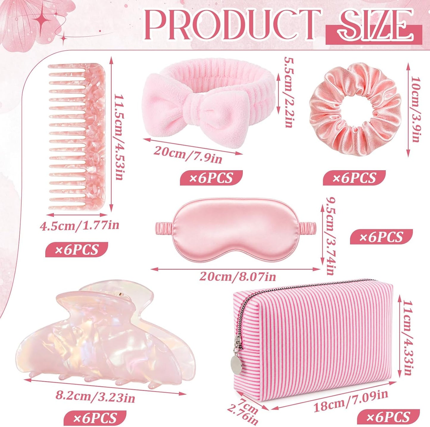 Kacctyen Pink 36 Pcs 6 Set Bridesmaid Proposal Gift, Bridal Party Gift, Cosmetic Bag Sleep Mask Scrunchie Headband Hair Claw Clip & Comb for for Wedding Shower & Bachelorette Party Favor (Strip)