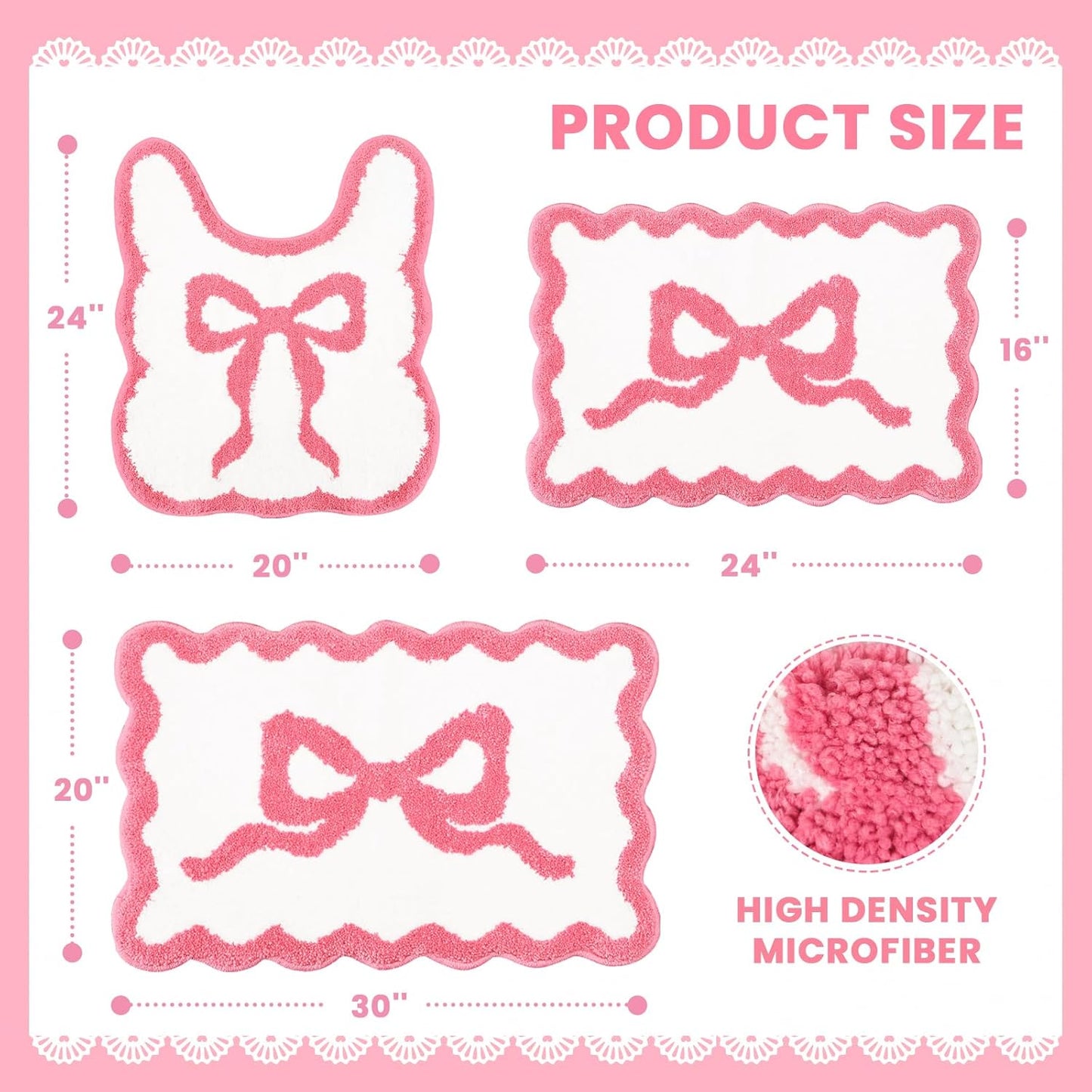 Pink Bow Bathroom Rug Mat Set 3 Piece, Microfiber Shaggy Bath Set, Non-Slip Ultra Soft Carpet Mats, Absorbent with U-Shaped Toilet for Bathroom, Tub, Shower (Pink)