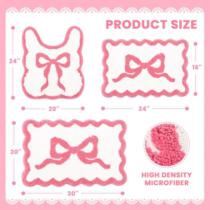Pink Bow Bathroom Rug Mat Set 3 Piece, Microfiber Shaggy Bath Set, Non-Slip Ultra Soft Carpet Mats, Absorbent with U-Shaped Toilet for Bathroom, Tub, Shower (Pink)