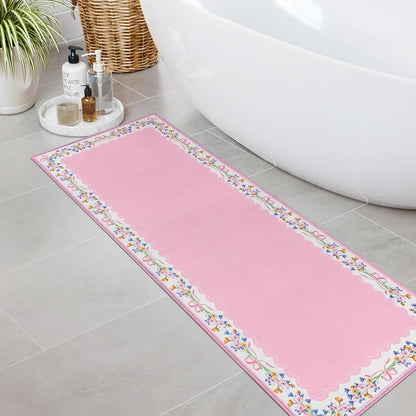 SHIYUE Boho Floral Bathroom Rugs, Ultra Soft Microfiber Water Absorption Non Slip Mat for Shower Bedroom Farmhouse Entryway Deco(18" x 47" Pink Bow)