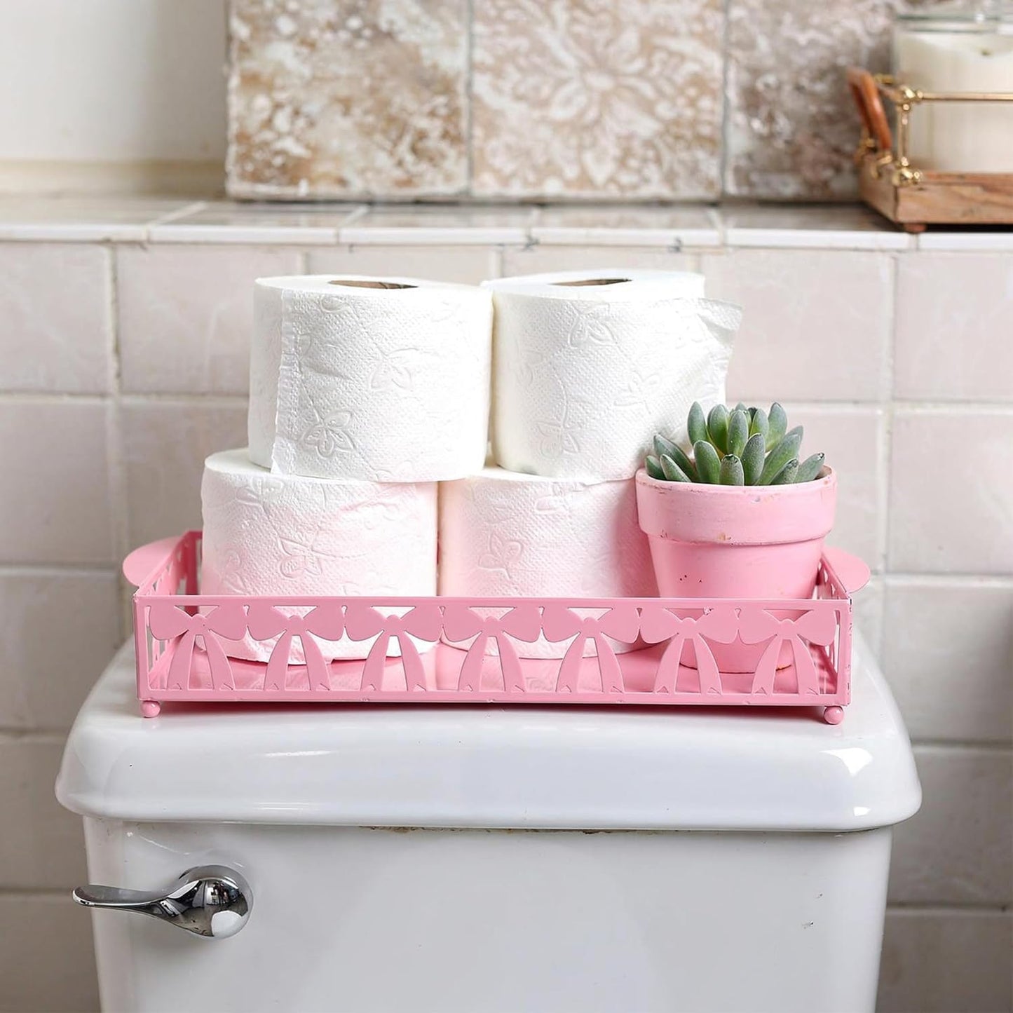 Pink Bow Toilet Paper Basket, Cute Metal Toilet Tank Organizer with Handle, Coquette Preppy Bathroom Storage Holder for Toilet Paper, Bathroom Decor for Restroom