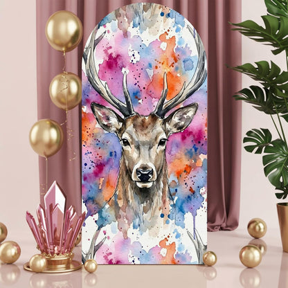 Elk Arch Backdrop Cover 6.6FT, Pink Purple Blue Watercolor Splashes Splatter Animal Spandex Fitted Stretchy Arch Stand Covers, Round Top Chiara Backdrop Cover for Wedding Party Birthday Baby Shower