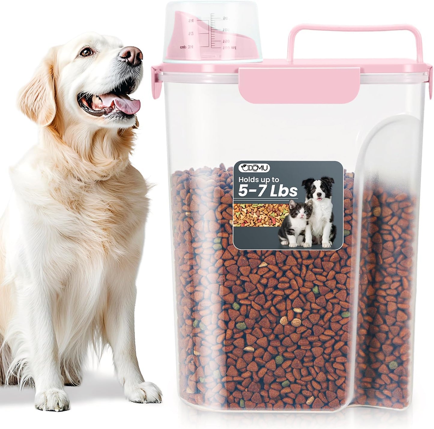 Dog Cat Food Storage Container, Pet Food Pourable Container Airtight with Large Spout & Cup, BPA-Free Plastic Food Dispenser for Pet Food, Bird Seed, Rice, Flour (Pink, 5L)