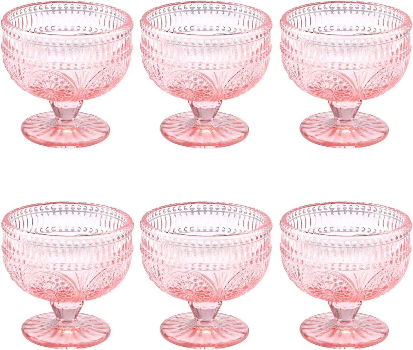 Vintage Glass Dessert Bowls Set of 6-11.5 oz Pink Embossed Glass Ice Cream Bowls for Salad, Candy Cake, Fruit,Trifle,Cocktail