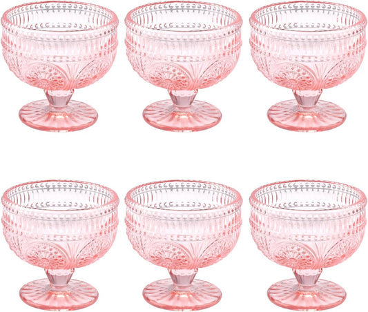 Vintage Glass Dessert Bowls Set of 6-11.5 oz Pink Embossed Glass Ice Cream Bowls for Salad, Candy Cake, Fruit,Trifle,Cocktail