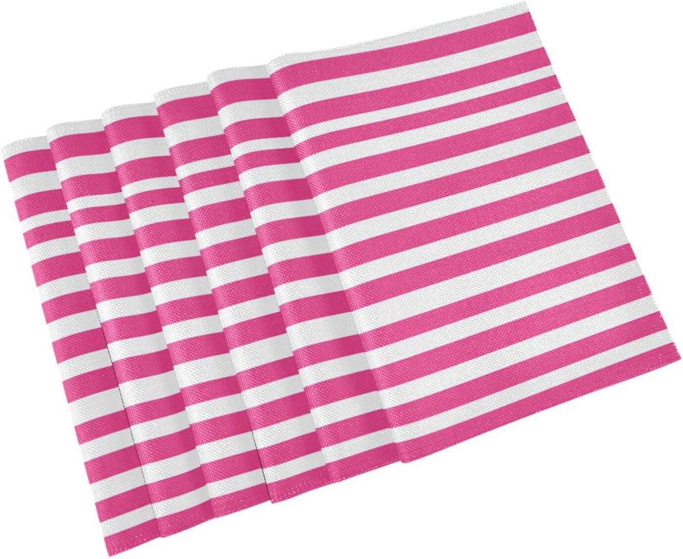 ALAZA Pink White Striped Set of 6 Placemats Rectangle Table Mat for Dining Table Restaurant Kitchen Home Decor, 12" x 18"