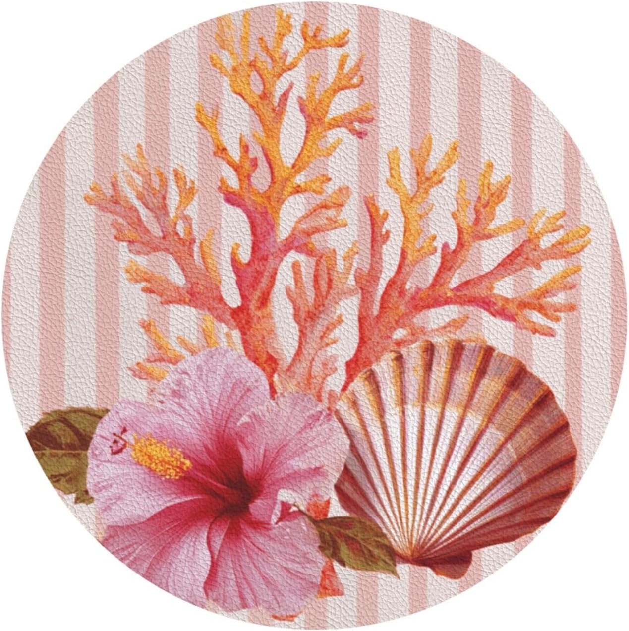 Light Pink Scallop Shell Hibiscus Flower Drinks Coasters Set of 4 Leather Drink Coasters for Tabletop Protection Heat Resistant Bar Cup Mat Pad