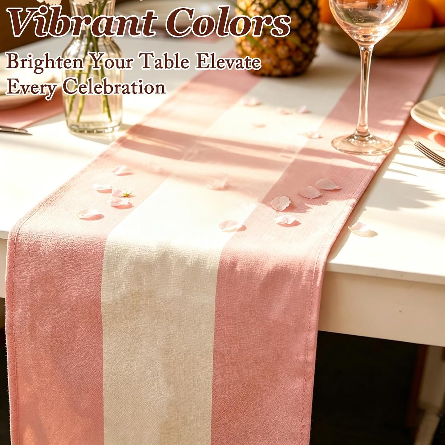 4PCS Pink and White Striped Tablecloth Table Runner, Picnic Decorations | Reusable Smooth Drape Wrinkle Resistant Fade Resistant, Pink Linen Table Runner, Dining Room Home Decor (13 x 72 IN)