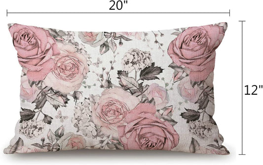 Solekla 20x12 Inch Pillow Cover Rustic Farmhouse Decor Pink Flowers and Leaves Pillowcases Cotton Linen Watercolor Floral Throw Pillow Case Cushion Cover for Sofa Couch Bedroom