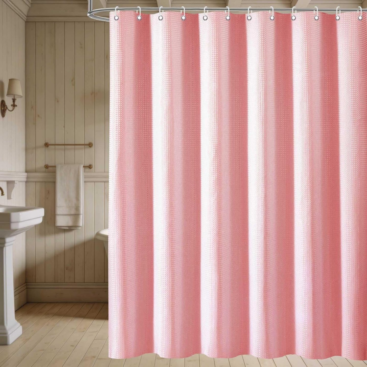 Modern Pink Shower Curtain Waffle Textured Fabric Shower Curtains for Bathroom Farmhouse Fabric Bath Curtain Set with Hooks 72x72 Inch