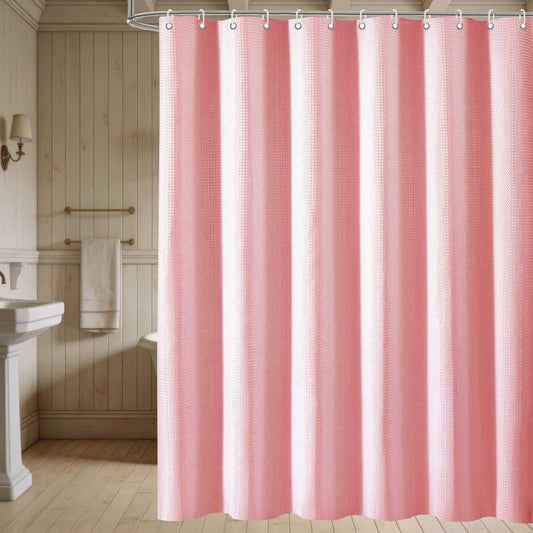 Modern Pink Shower Curtain Waffle Textured Fabric Shower Curtains for Bathroom Farmhouse Fabric Bath Curtain Set with Hooks 72x72 Inch