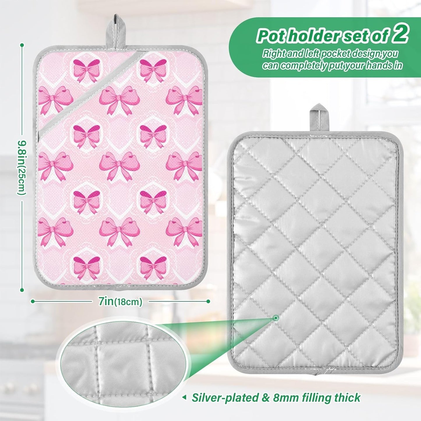 Light Pink Bows Pot Holders for Kitchen Heat-Resistant Potholders Oven Hot Pads 2 Pack Set