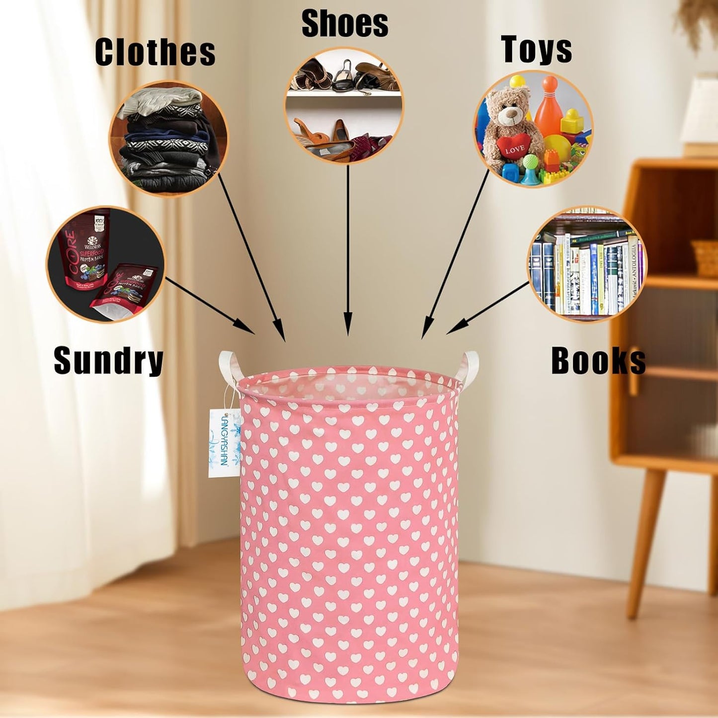 Laundry Hamper Collapsible Kids Storage Basket Waterproof Fabric Toy Clothes Organizer Bin for Children Bedroom Bathroom (Pink heart)