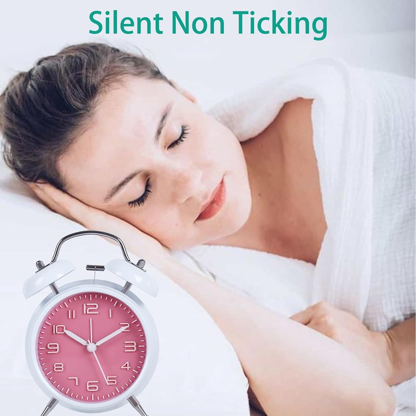 pxy Loud Alarm Clock for Heavy Sleepers 3D Dial Battery Operated (Battery Include), 4" Super Silent Analog Alarm Clock for Kids with Night Light PT260 Silver OrangePT505 White Pink